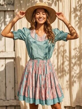 Vintage 90s Prairie Cottagecore Skirt Set Blue Puff Sleeve Size Small Prairie